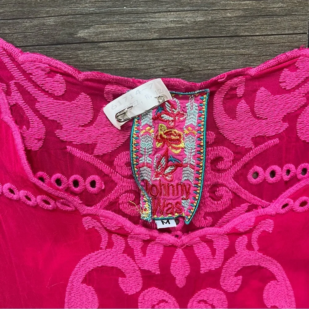 Johnny Was Hot Pink Demoran Tonal Embroidered Blouse Top Short Sleeve Size M - Picture 3 of 7